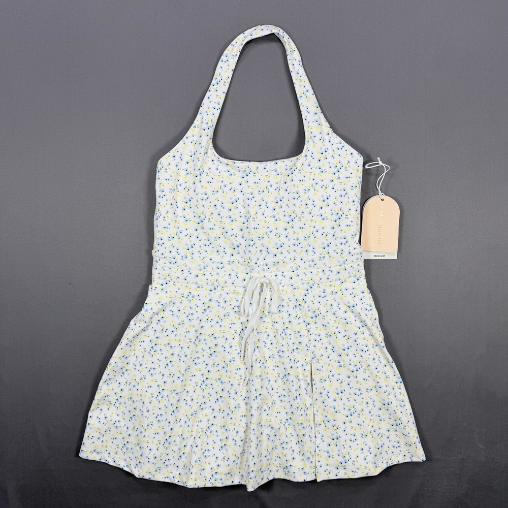 Blogilates Womens M White Floral Polyester Game Set Match Halter Active Dress NW